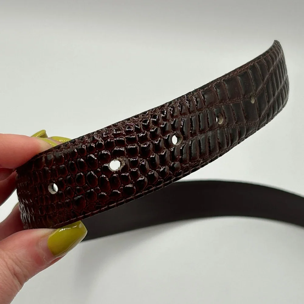 Mens Dark Brown Embossed Alligator Leather Belt Two-Tone Gold Silver Buckle 39.5
